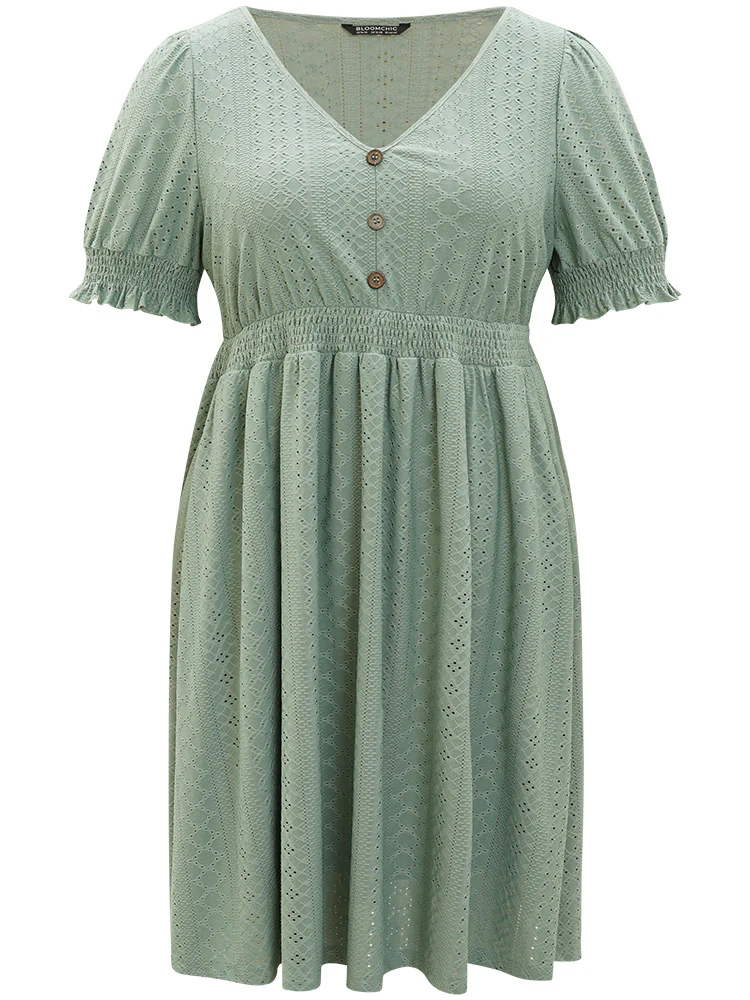 Geometric Eyelet Pocket Button Detail Shirred Dress - Image 9