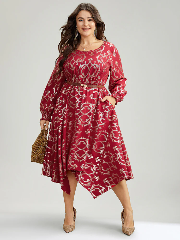 Geometric Glitter Shirred Hanky Hem Dress - Image 2