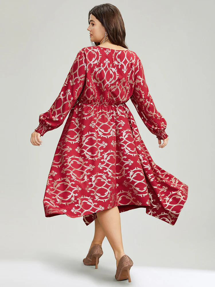 Geometric Glitter Shirred Hanky Hem Dress - Image 3