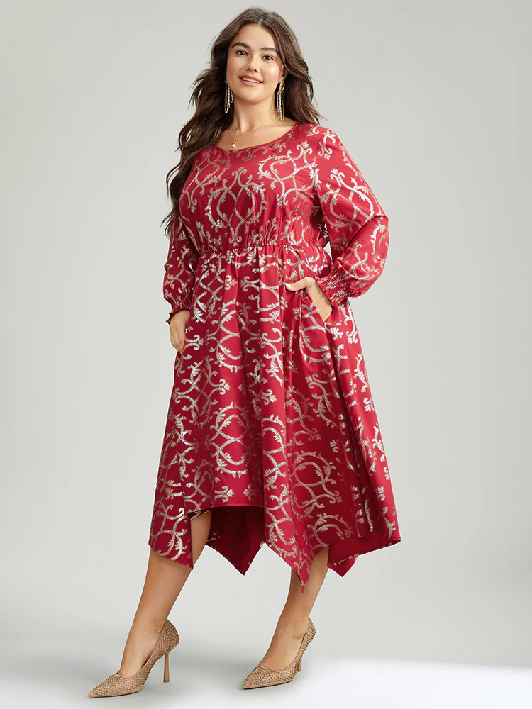 Geometric Glitter Shirred Hanky Hem Dress - Image 4