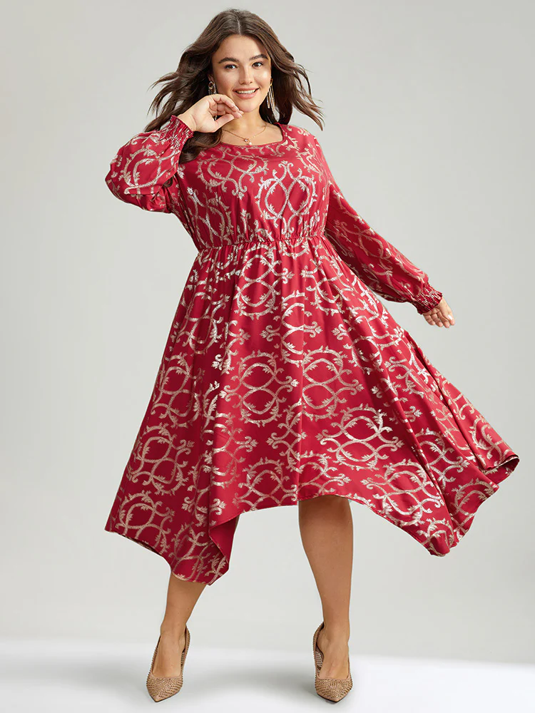 Geometric Glitter Shirred Hanky Hem Dress - Image 5