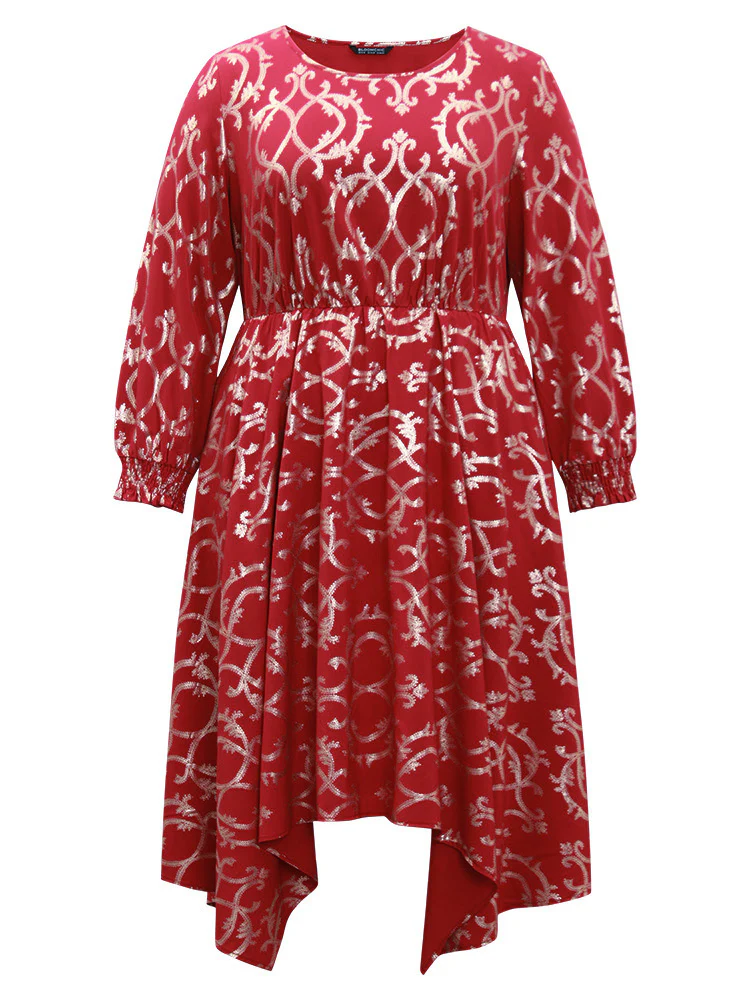 Geometric Glitter Shirred Hanky Hem Dress - Image 8