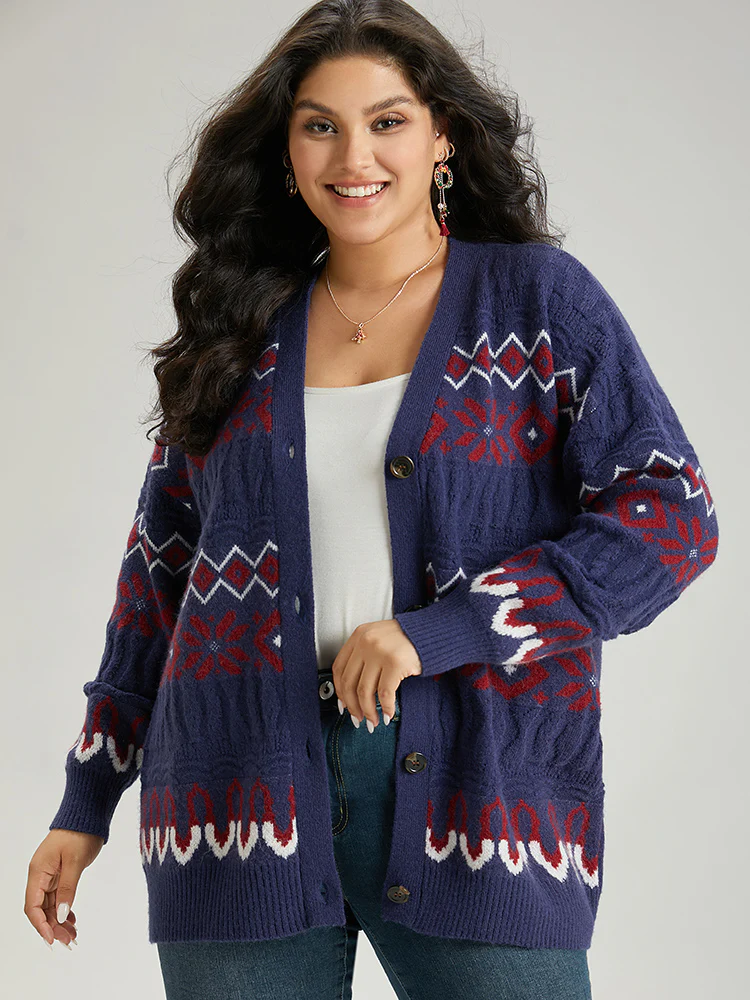 Geometric Graphic Contrast Elastic Cuffs Button Up Cardigan - Image 3