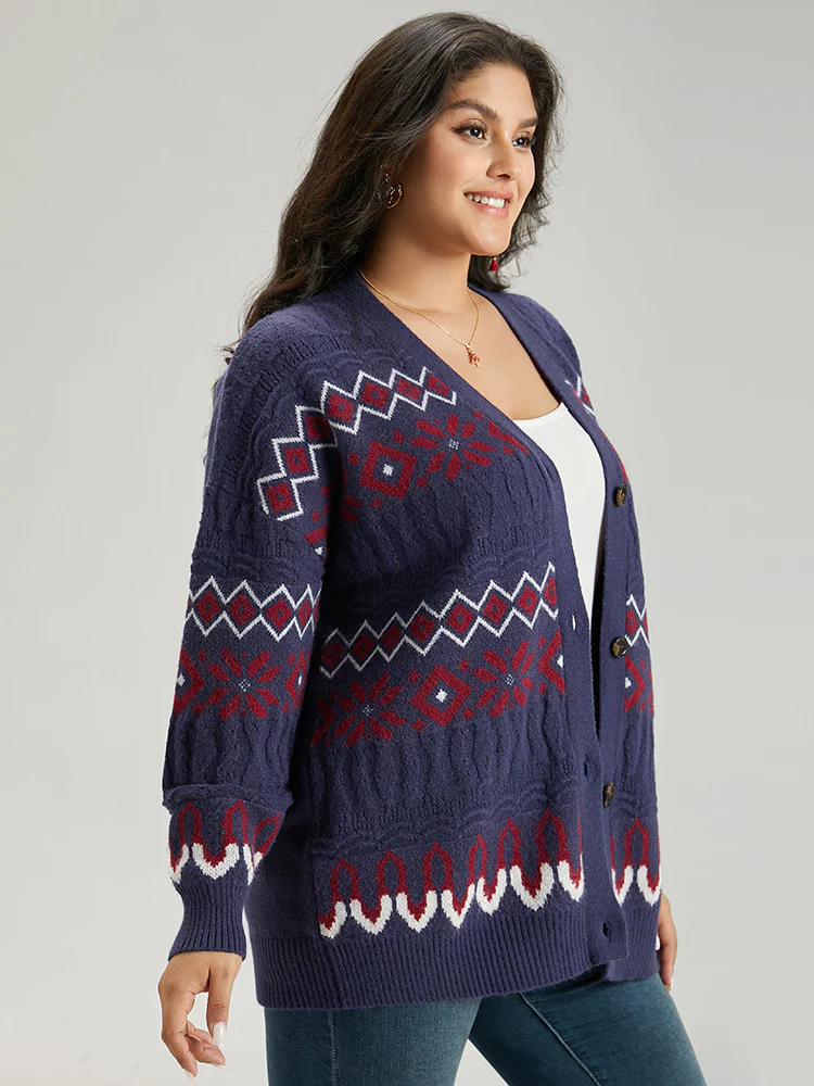 Geometric Graphic Contrast Elastic Cuffs Button Up Cardigan - Image 4