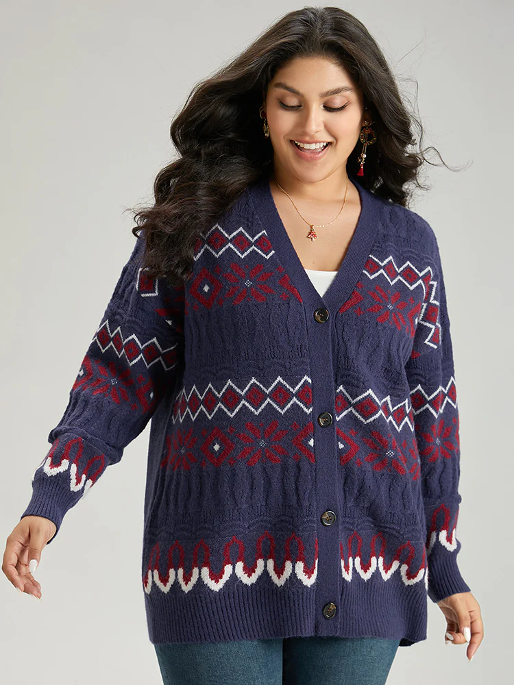 Geometric Graphic Contrast Elastic Cuffs Button Up Cardigan - Image 5