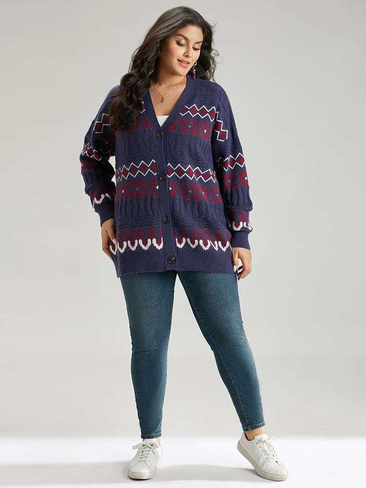 Geometric Graphic Contrast Elastic Cuffs Button Up Cardigan - Image 6