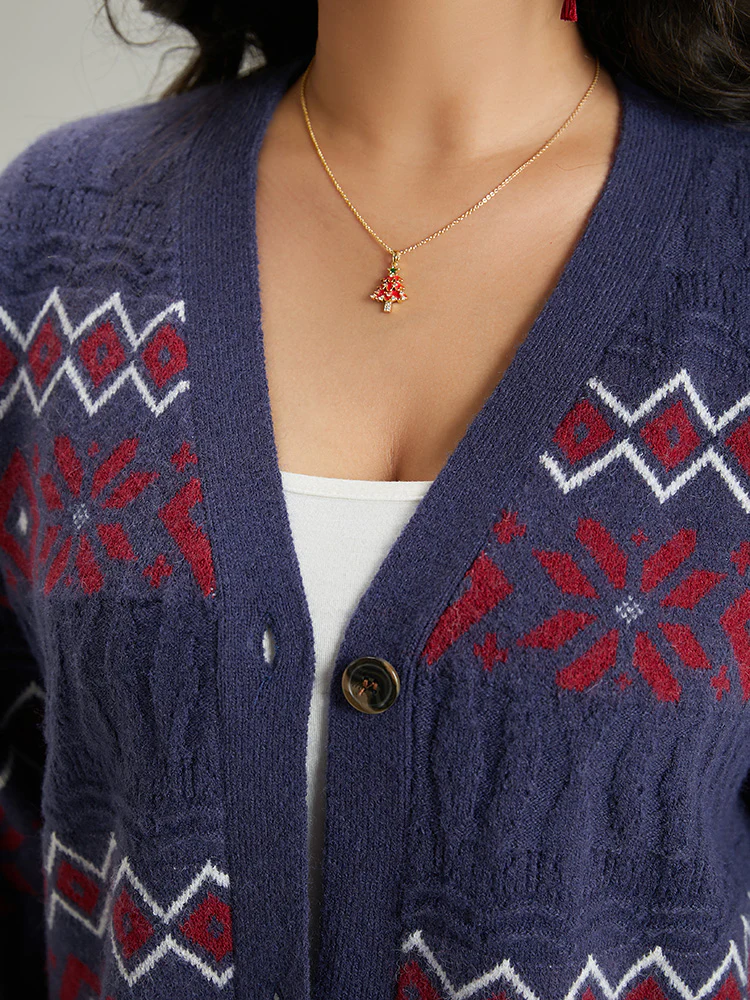 Geometric Graphic Contrast Elastic Cuffs Button Up Cardigan - Image 8