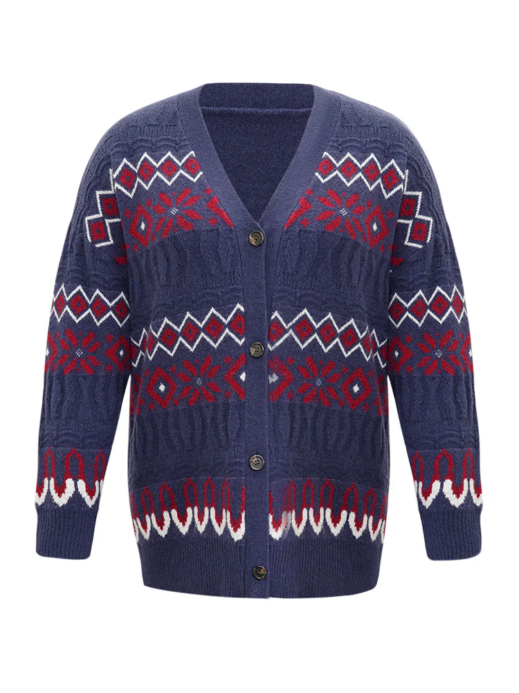 Geometric Graphic Contrast Elastic Cuffs Button Up Cardigan - Image 9