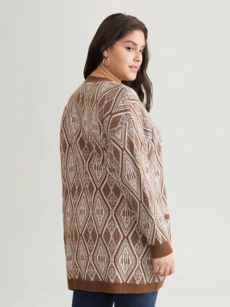 Geometric Graphic Patched Pocket Jacquard Cardigan - Image 2