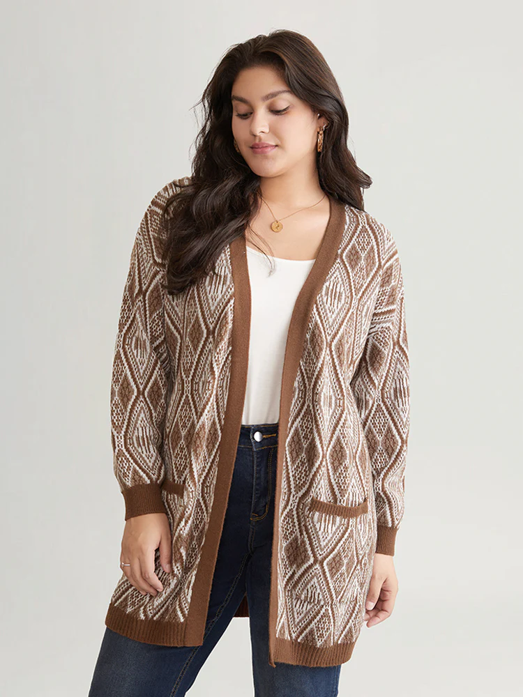 Geometric Graphic Patched Pocket Jacquard Cardigan - Image 3