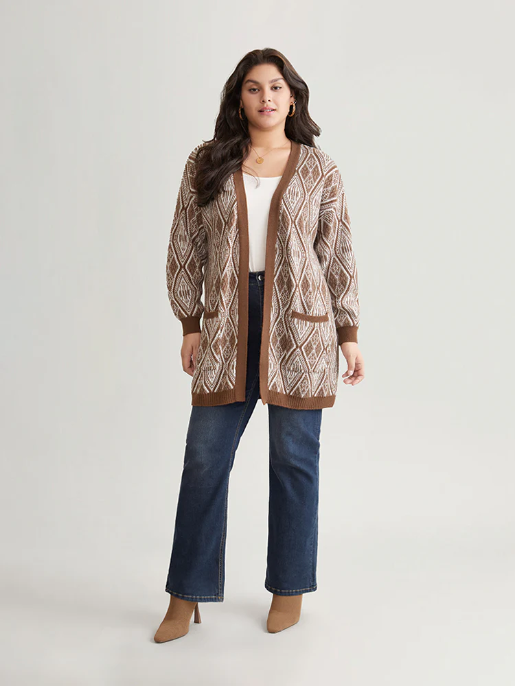 Geometric Graphic Patched Pocket Jacquard Cardigan - Image 4