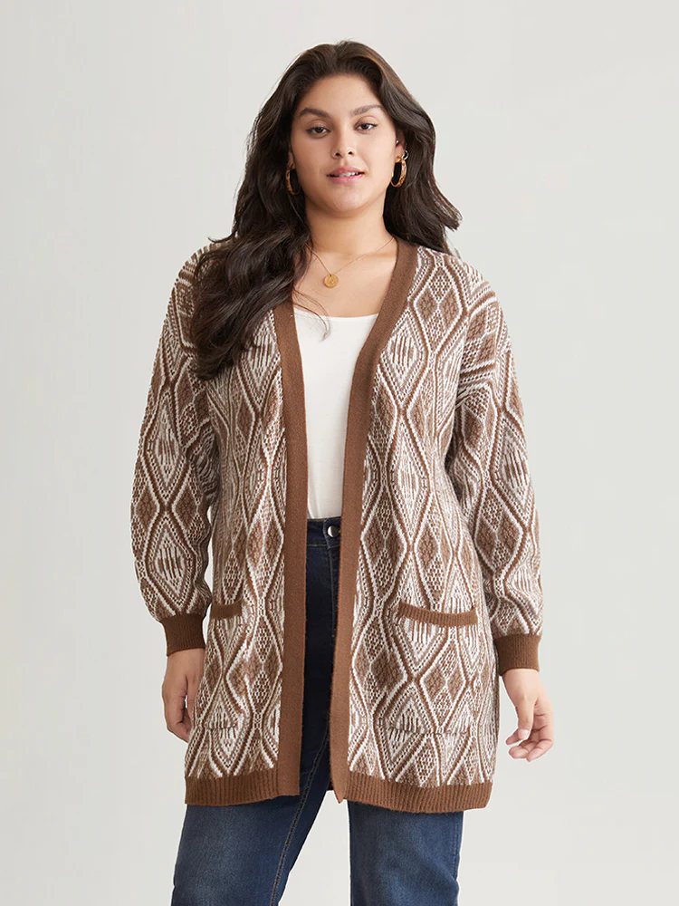 Geometric Graphic Patched Pocket Jacquard Cardigan - Image 5