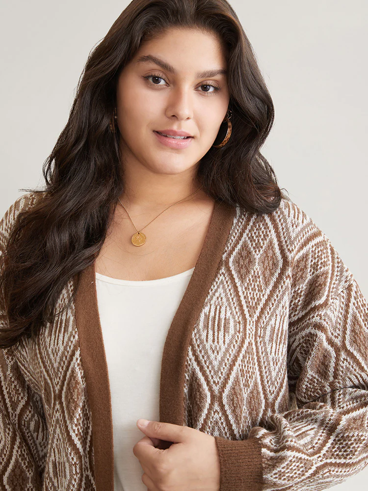 Geometric Graphic Patched Pocket Jacquard Cardigan - Image 6
