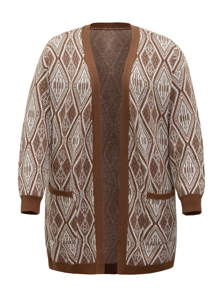 Geometric Graphic Patched Pocket Jacquard Cardigan - Image 7