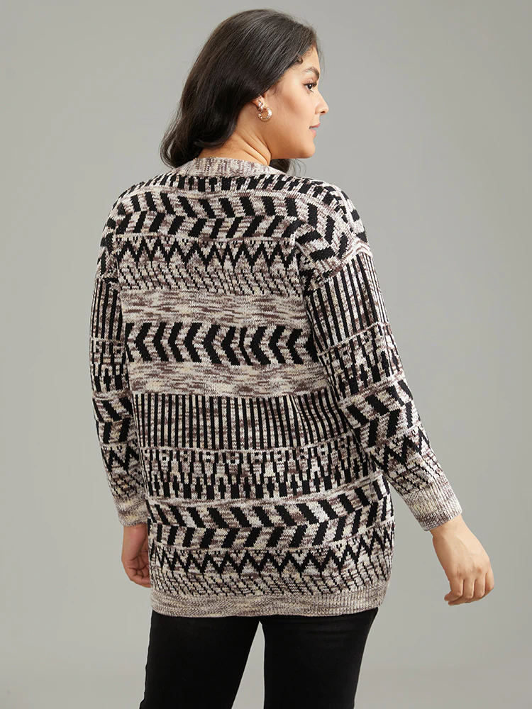 Geometric Heather Button Up Elastic Cuffs Cardigan - Image 2