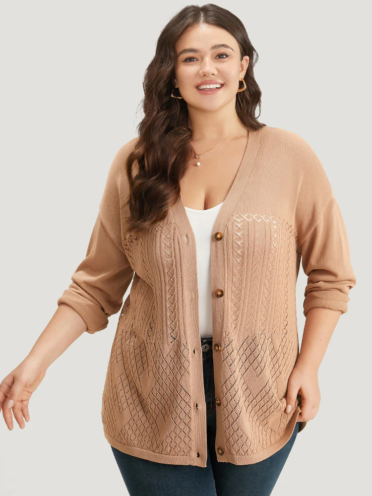 Geometric Hollow Out Button Up Cardigan - Image 3