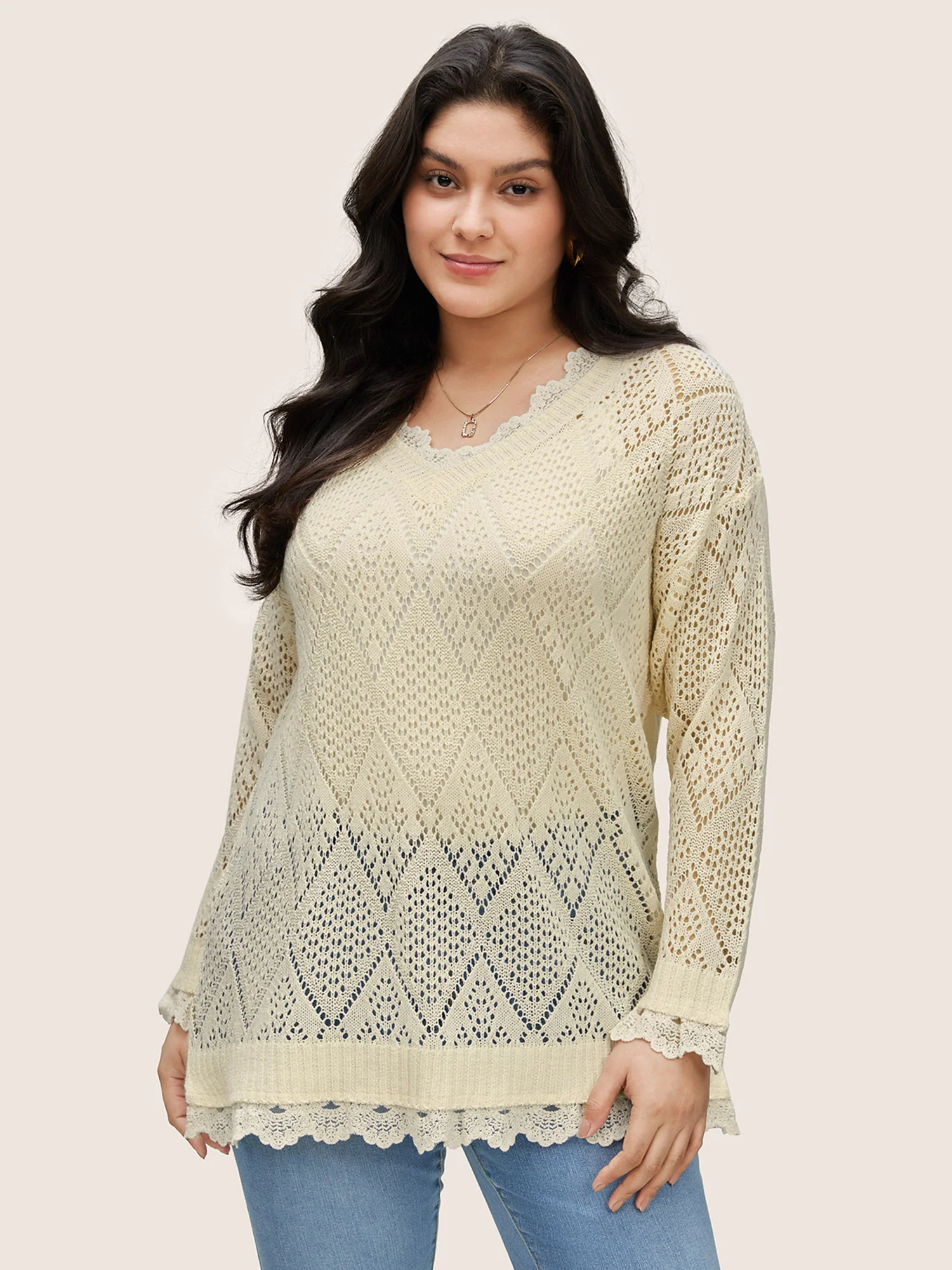 Geometric Hollow Out Mesh Lace Panel Pullover
