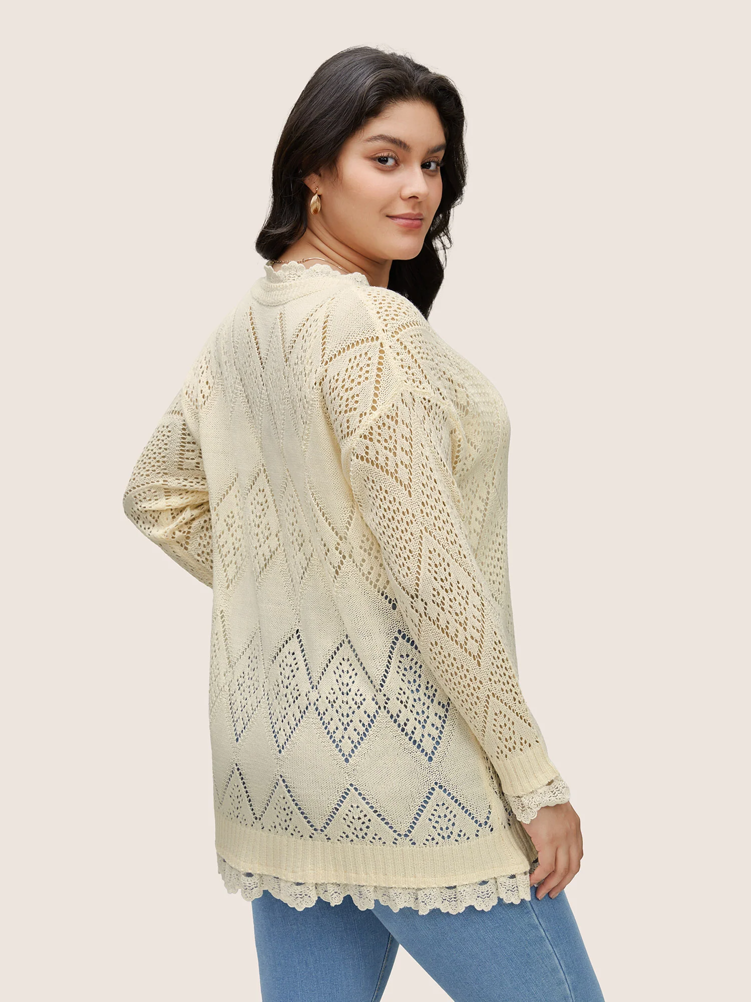 Geometric Hollow Out Mesh Lace Panel Pullover - Image 2