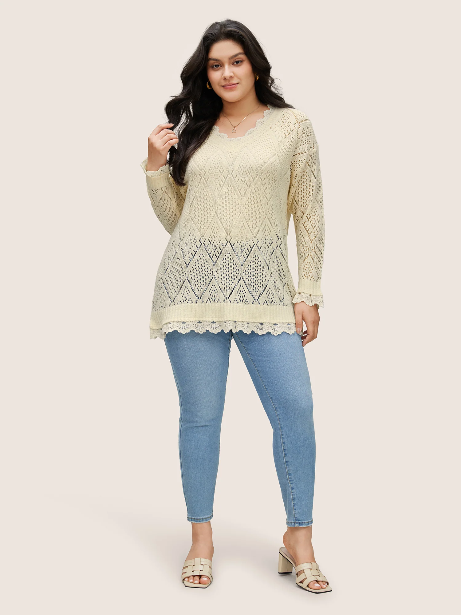 Geometric Hollow Out Mesh Lace Panel Pullover - Image 3