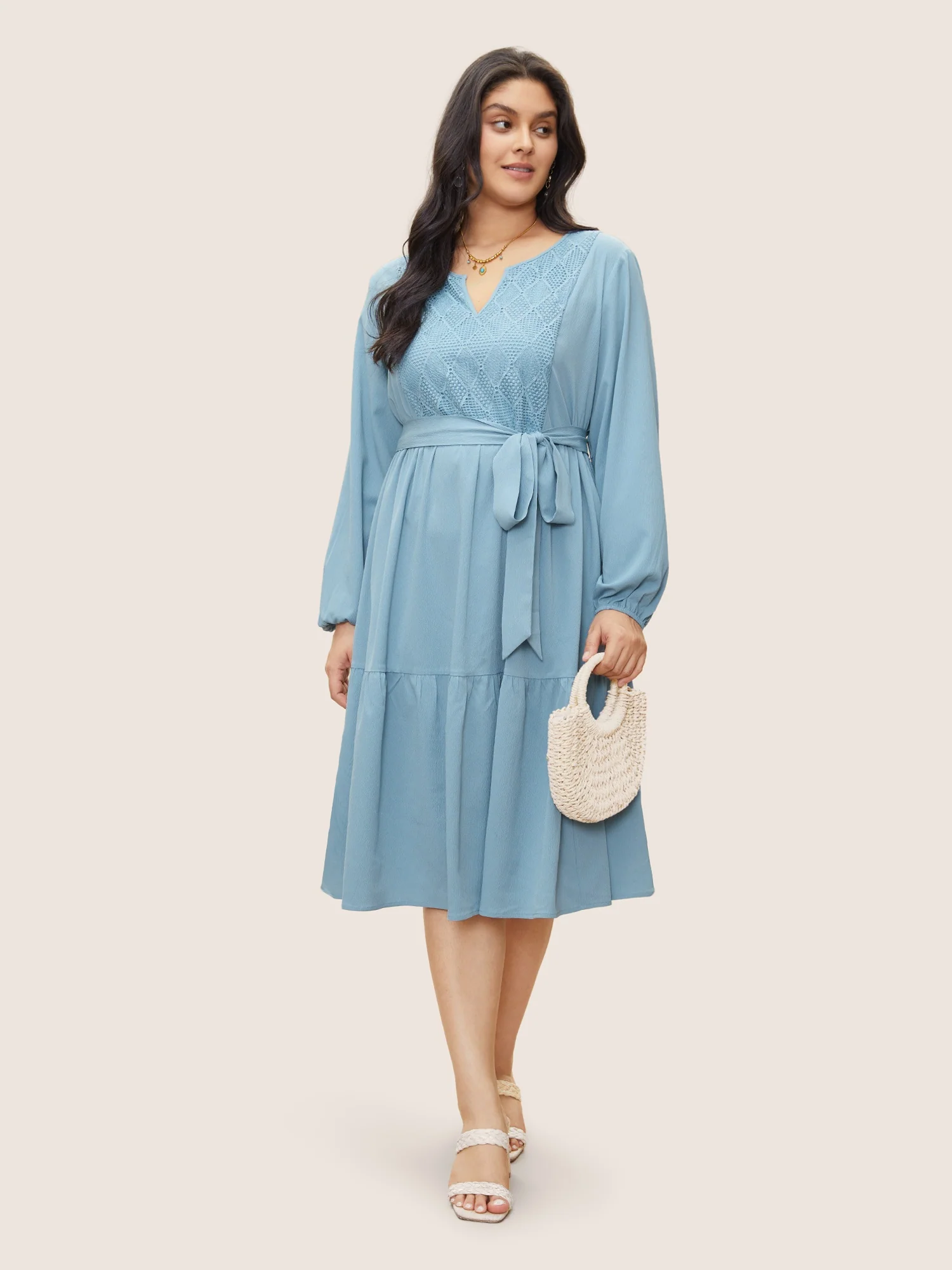 Geometric Hollow Out Notched Ruffle Layered Hem Dress - Image 3