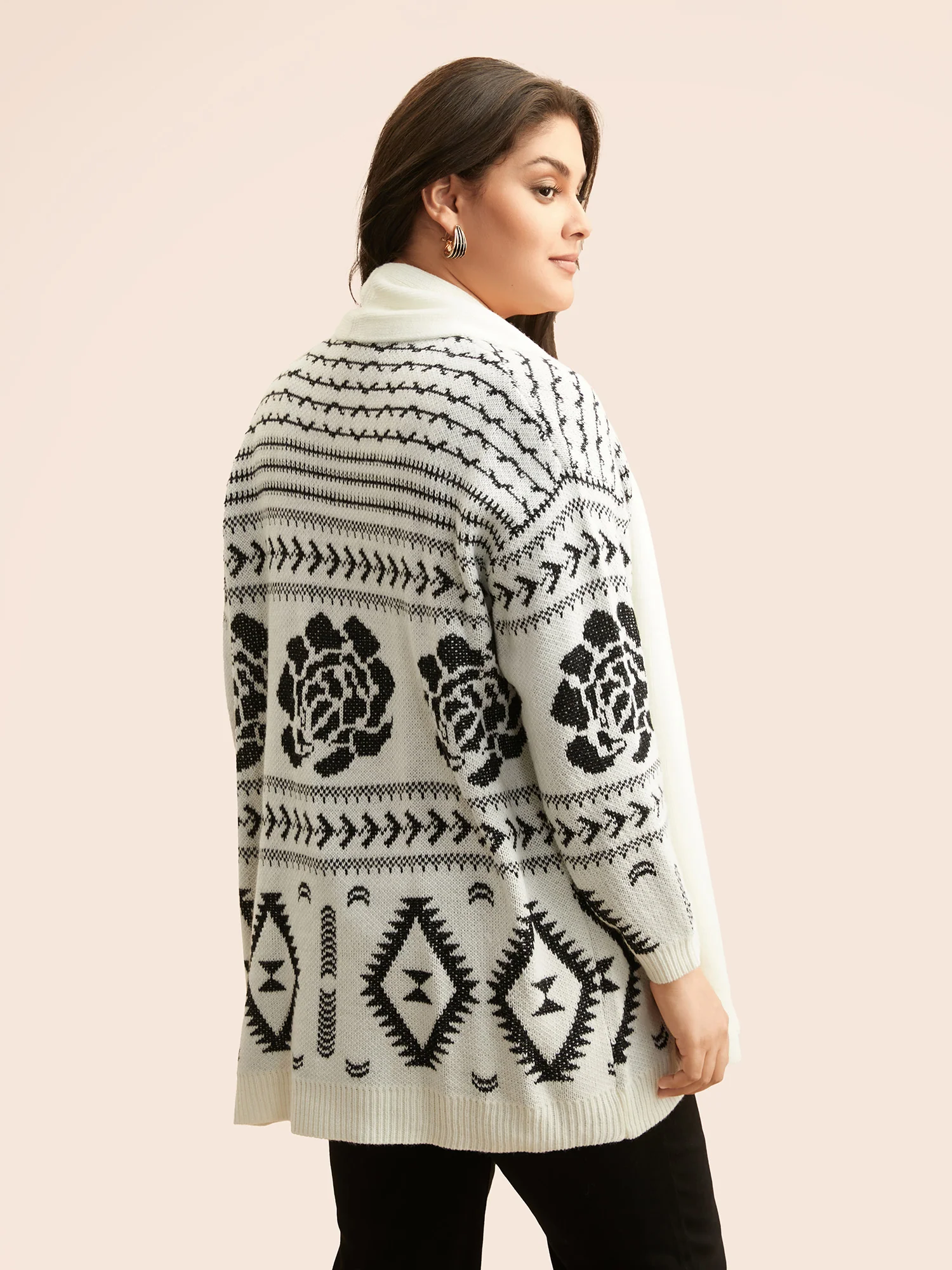 Geometric Jacquard Lapel Collar Cardigan - Image 2