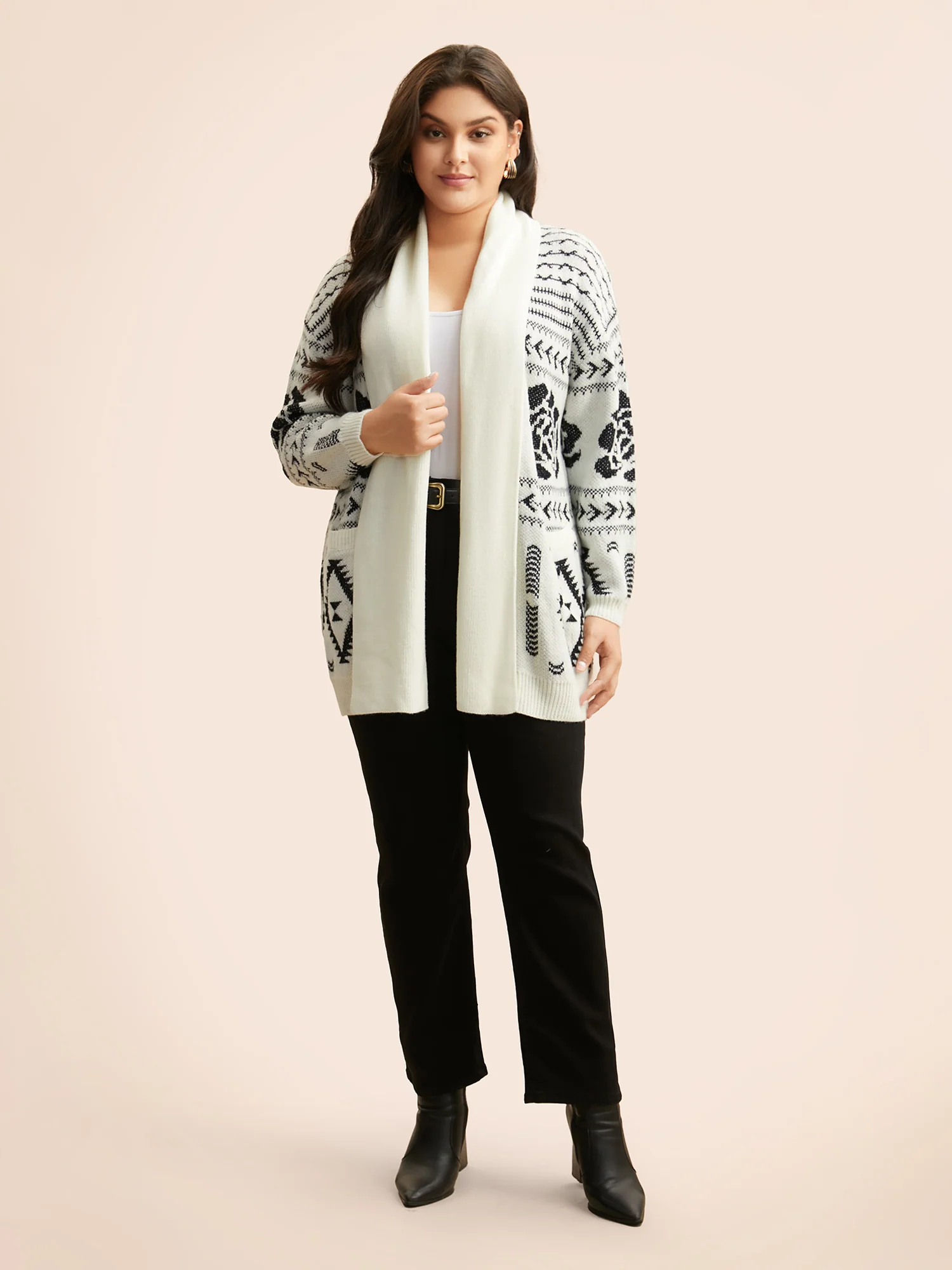 Geometric Jacquard Lapel Collar Cardigan - Image 3