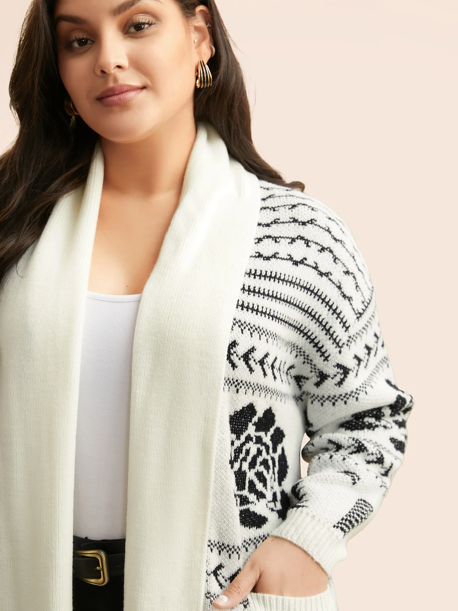 Geometric Jacquard Lapel Collar Cardigan - Image 4