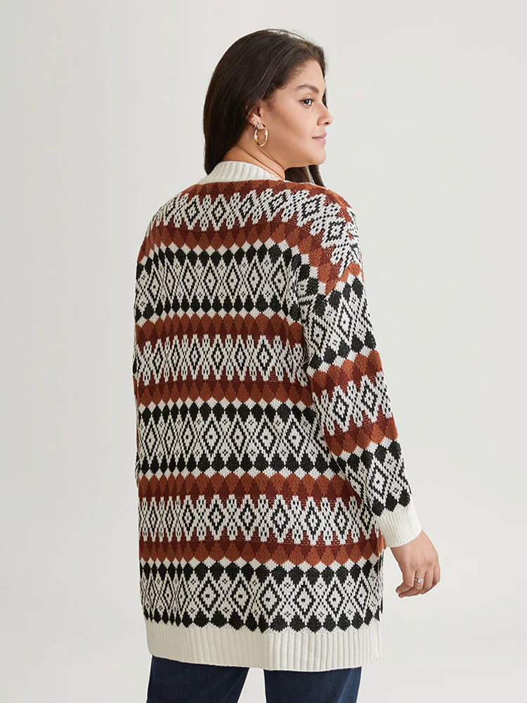 Geometric Jacquard Pocket Button Up Cardigan - Image 2