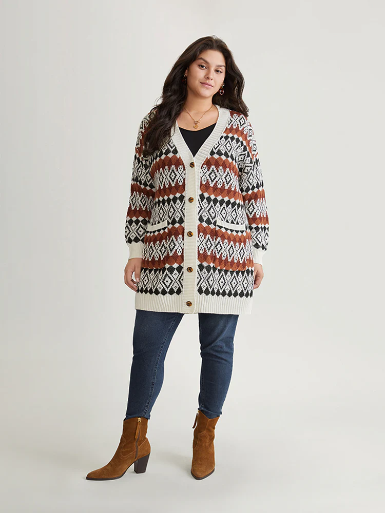 Geometric Jacquard Pocket Button Up Cardigan - Image 3
