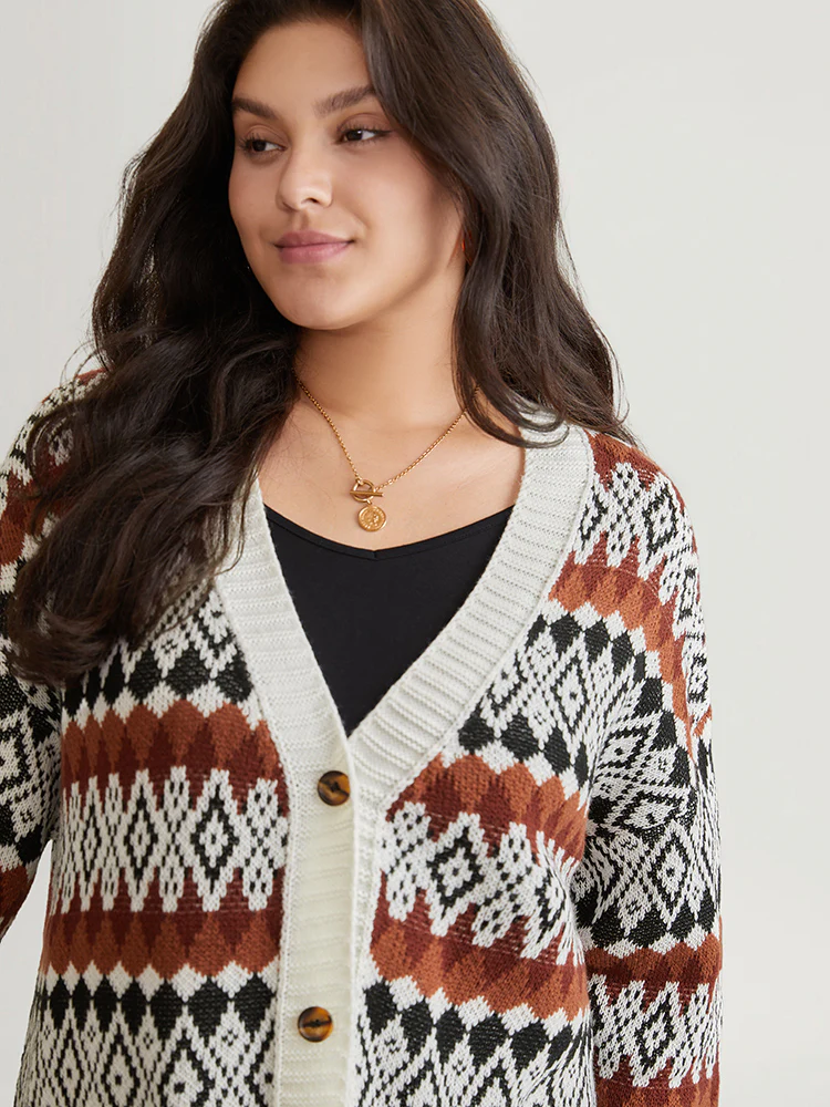 Geometric Jacquard Pocket Button Up Cardigan - Image 4