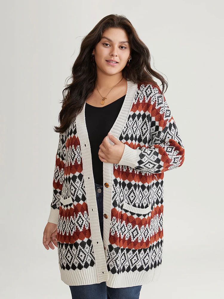 Geometric Jacquard Pocket Button Up Cardigan - Image 5