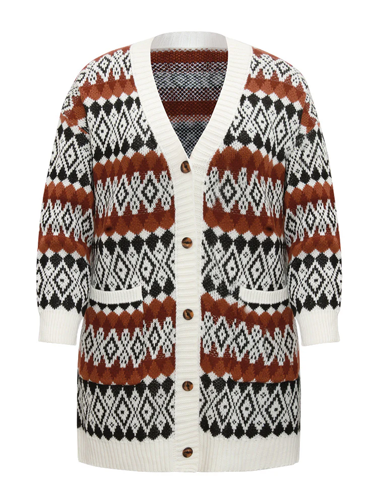 Geometric Jacquard Pocket Button Up Cardigan - Image 6