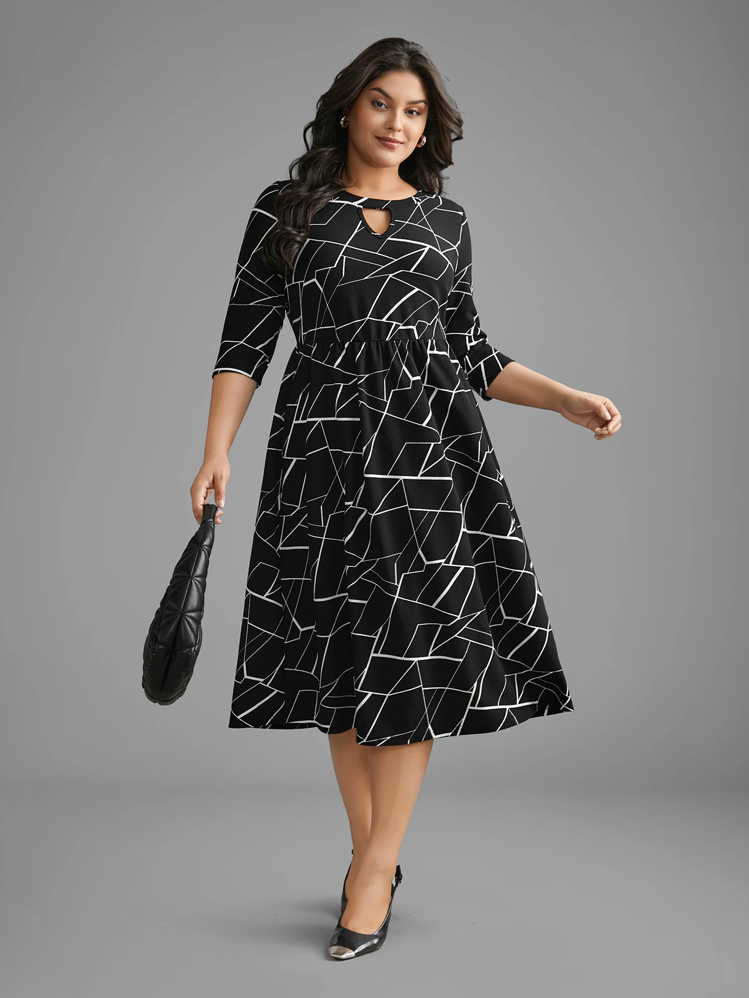 Geometric Keyhole Elastic Waist Midi Dress - Image 2