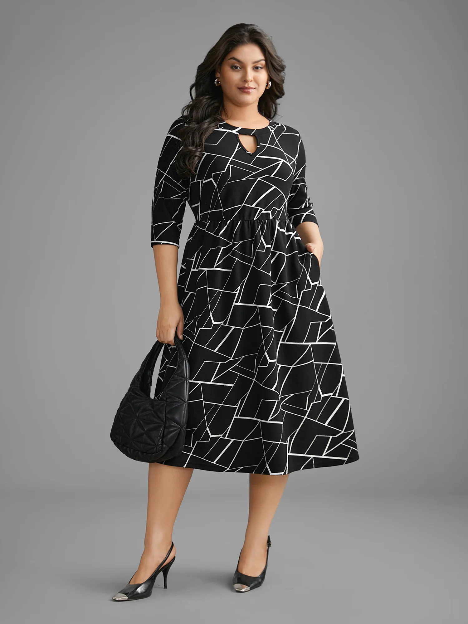 Geometric Keyhole Elastic Waist Midi Dress - Image 4