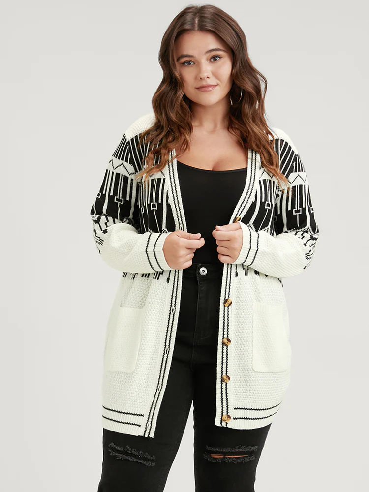 Geometric Knitted Jacquard Contrast Pocket Button Front Cardigan - Image 2