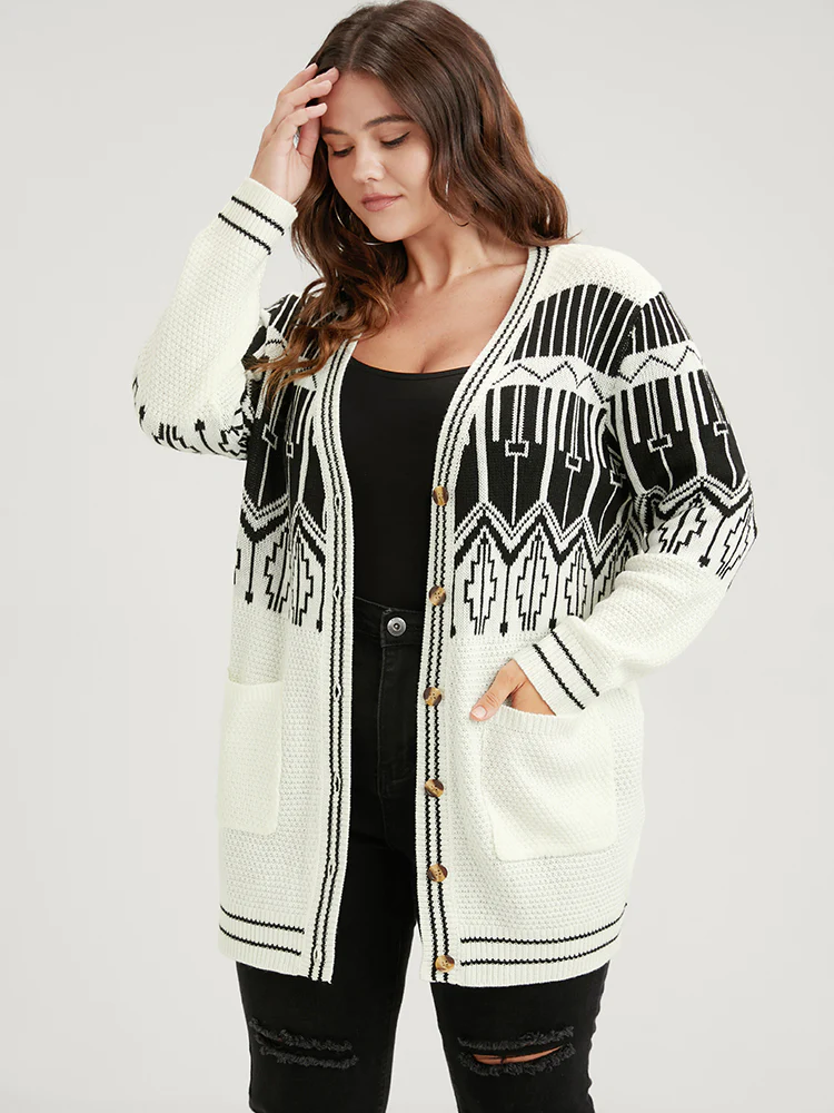 Geometric Knitted Jacquard Contrast Pocket Button Front Cardigan - Image 3
