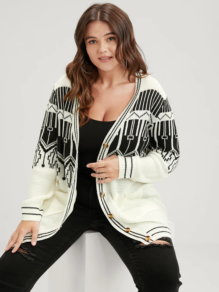 Geometric Knitted Jacquard Contrast Pocket Button Front Cardigan - Image 4