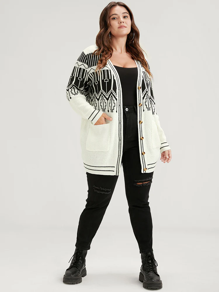 Geometric Knitted Jacquard Contrast Pocket Button Front Cardigan - Image 5