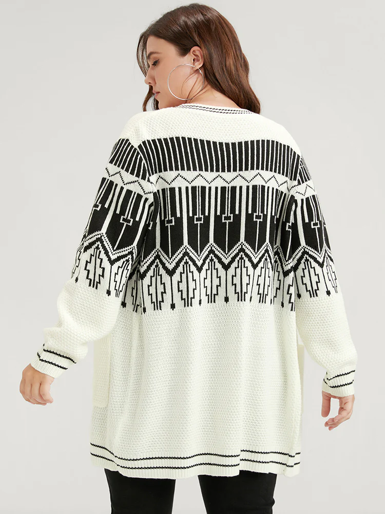 Geometric Knitted Jacquard Contrast Pocket Button Front Cardigan - Image 6