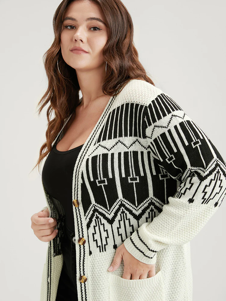 Geometric Knitted Jacquard Contrast Pocket Button Front Cardigan - Image 8