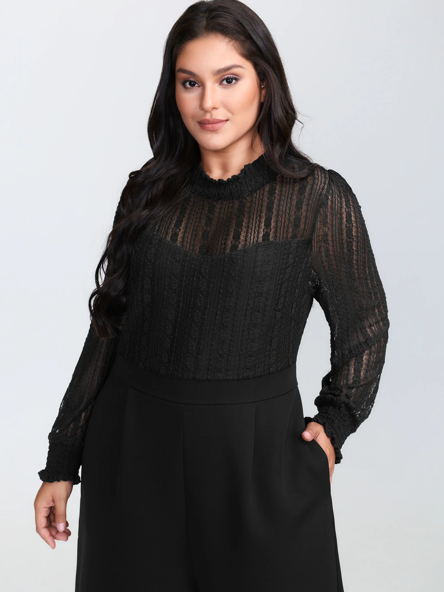 Geometric Lace Trim Sheer Wide-Leg Jumpsuit - Image 2