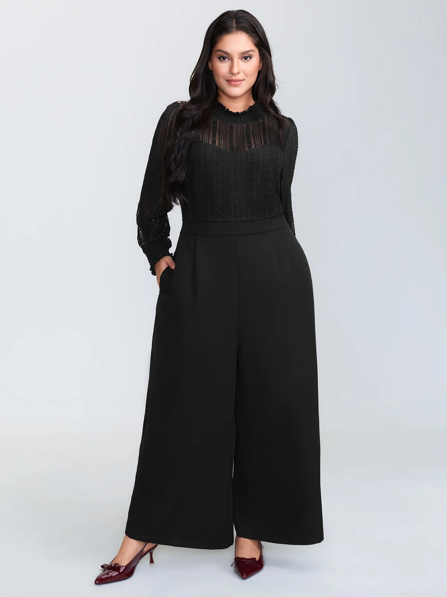 Geometric Lace Trim Sheer Wide-Leg Jumpsuit - Image 3