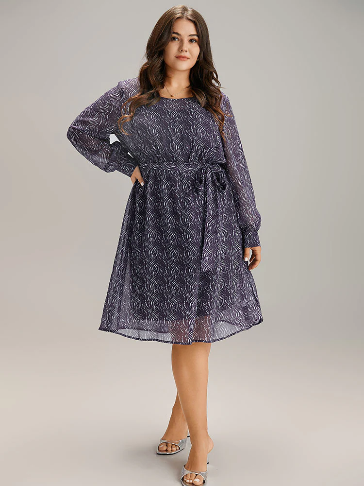 Geometric Mesh Elastic Waist Belted Dress - Image 2