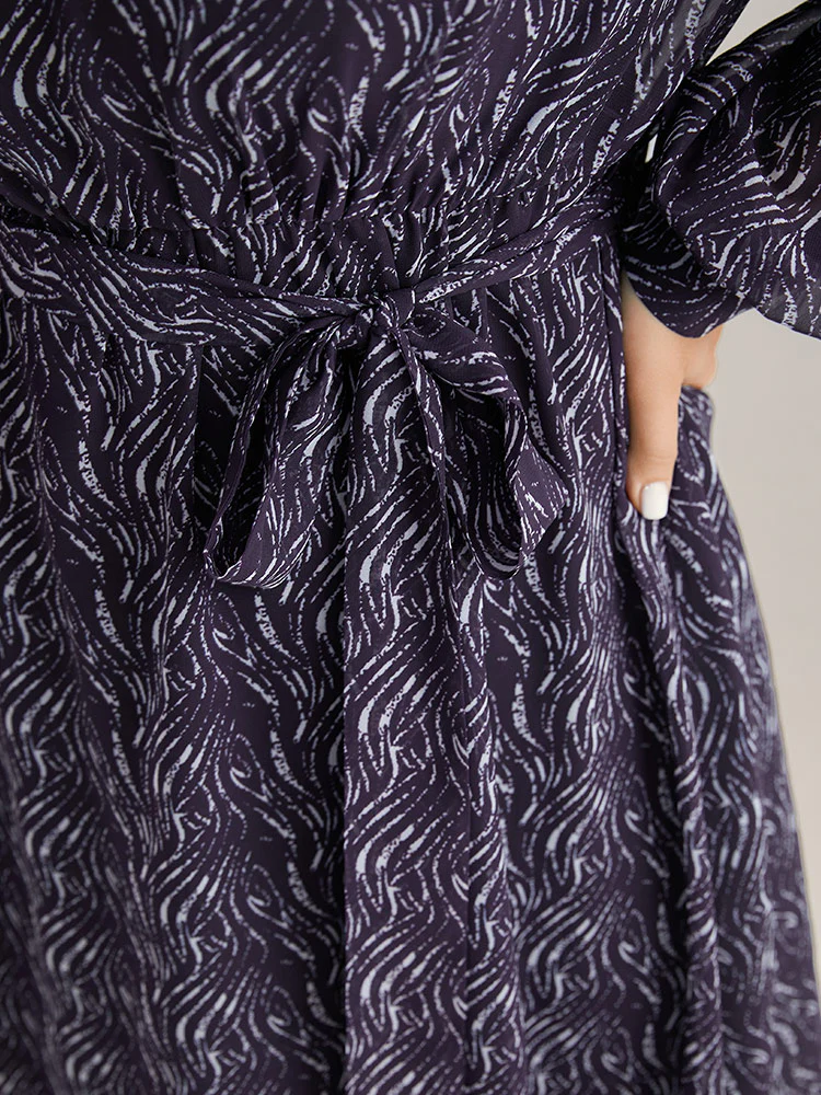 Geometric Mesh Elastic Waist Belted Dress - Image 5