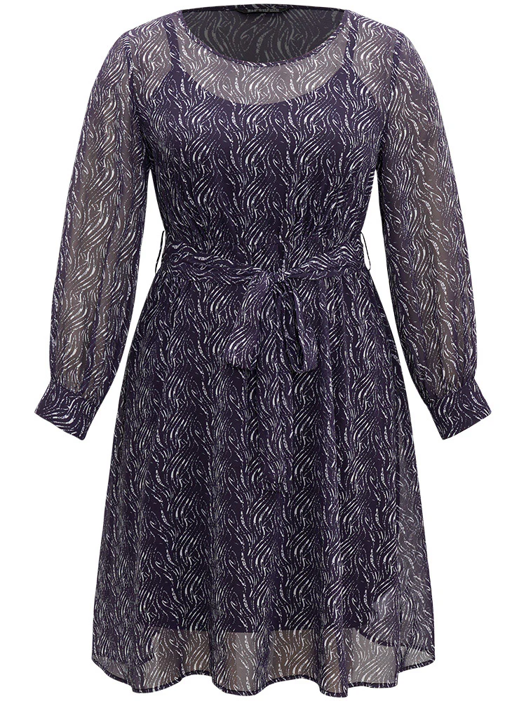 Geometric Mesh Elastic Waist Belted Dress - Image 7