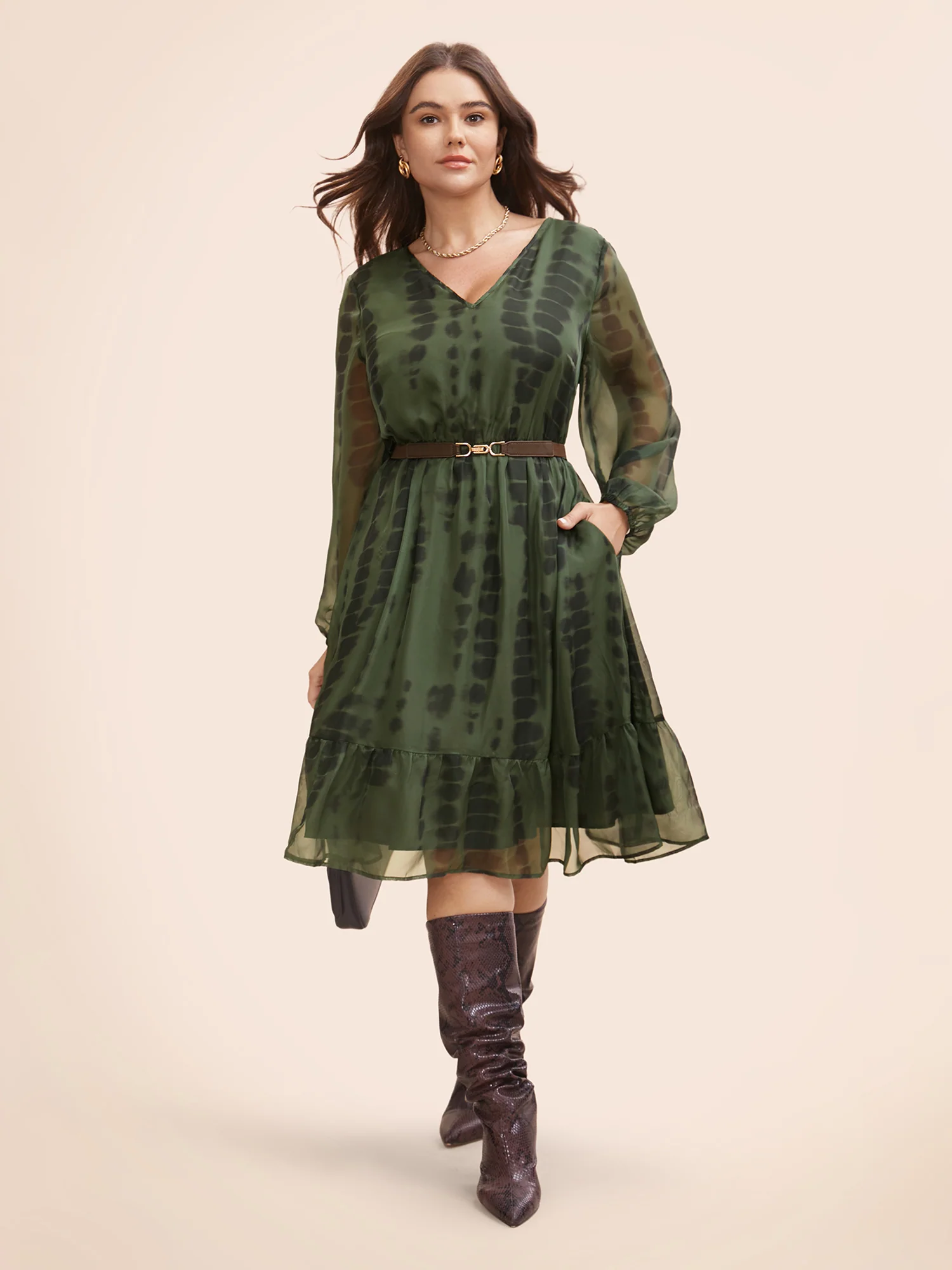Geometric Mesh Lantern Sleeve Midi Dress - Image 2