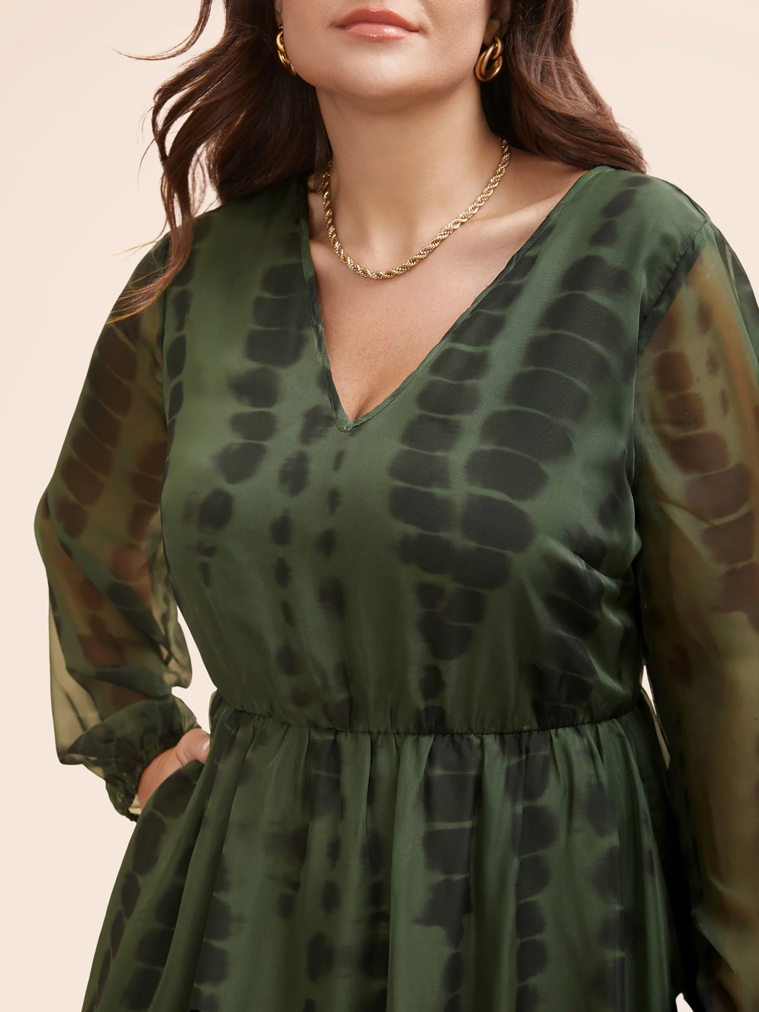 Geometric Mesh Lantern Sleeve Midi Dress - Image 3