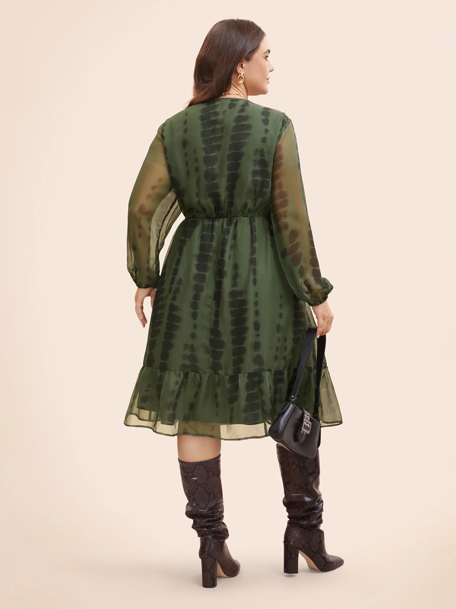 Geometric Mesh Lantern Sleeve Midi Dress - Image 4