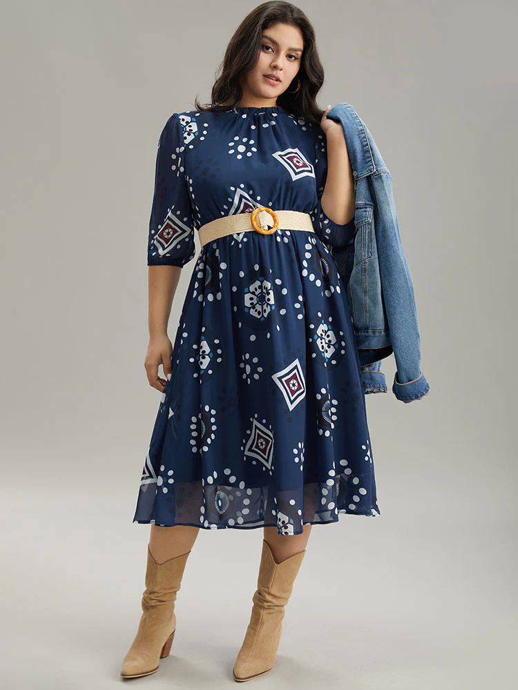 Geometric Mesh Stand Collar Frill Trim Dress - Image 2