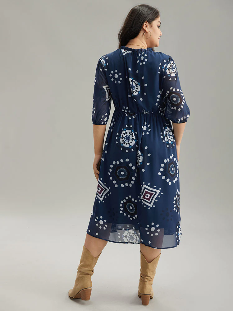 Geometric Mesh Stand Collar Frill Trim Dress - Image 3